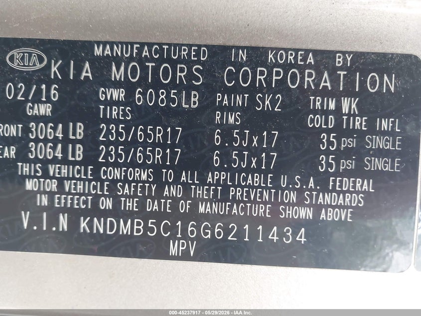 2016 Kia SEDONA VIN KNDMB5C16G6211434 IAAI salvage auction — SIDE, Salvage Title, sold $1,000 on 2026-07-18 (photo 9)