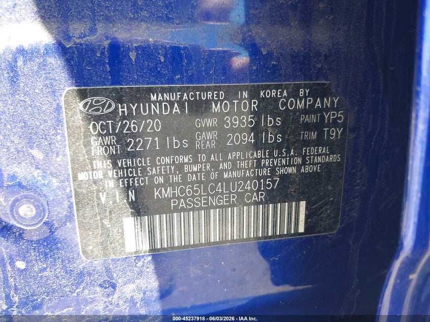 2020 Hyundai Ioniq VIN KMHC65LC4LU240157 IAAI salvage auction — ROOF, Salvage Title, sold $4,900 on 2026-07-16 (photo 9)