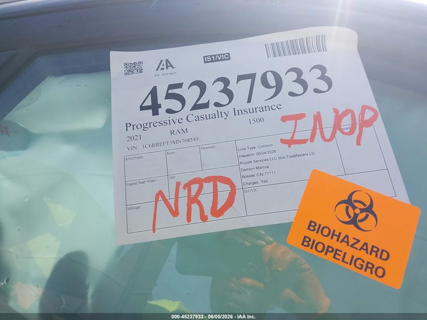 2021 Ram 1500 VIN 1C6RREFT3MN768549 IAAI salvage auction — BIO HAZARD, Salvage Title, sold $1,450 on 2026-07-27 (photo 8)