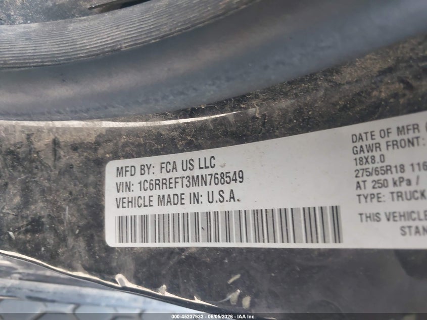 2021 Ram 1500 VIN 1C6RREFT3MN768549 IAAI salvage auction — BIO HAZARD, Salvage Title, sold $1,450 on 2026-07-27 (photo 9)