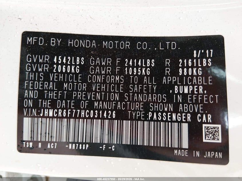 2017 Honda Accord VIN JHMCR6F77HC031426 IAAI salvage auction — FRONT END, Salvage Title, sold $1,175 on 2026-07-23 (photo 9)