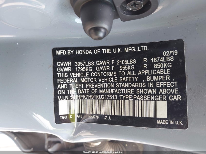 2019 Honda Civic VIN SHHFK7H91KU217513 IAAI salvage auction — LEFT SIDE, Salvage Title, sold $8,700 on 2026-07-14 (photo 9)
