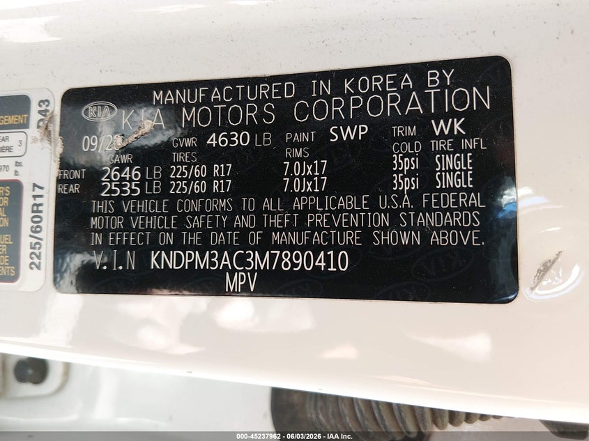 2021 Kia Sportage VIN KNDPM3AC3M7890410 IAAI salvage auction — FRONT & REAR, Clear (South Carolina), sold $4,050 on 2026-07-28 (photo 9)
