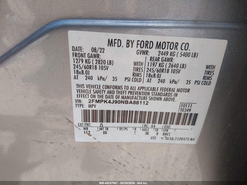 2022 Ford Edge VIN 2FMPK4J90NBA88112 IAAI salvage auction — ROLLOVER, Salvage (West Virginia), sold $2,400 on 2026-07-26 (photo 9)
