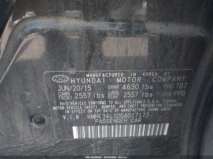2016 Hyundai Sonata VIN KMHE34L10GA017177 IAAI salvage auction — FRONT END, Salvage (Minnesota), sold $275 on 2026-07-27 (photo 9)