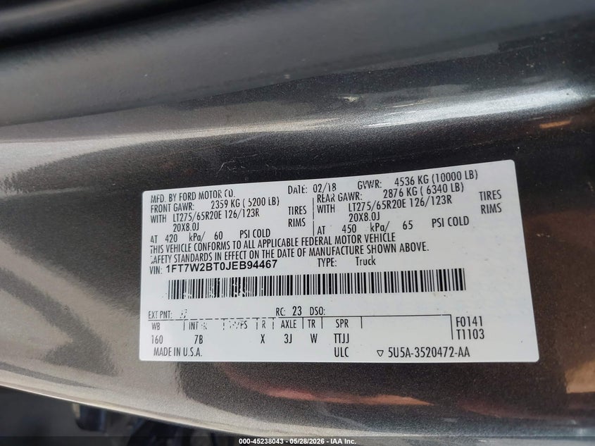 2018 Ford F250 VIN 1FT7W2BT0JEB94467 IAAI salvage auction — WATER/FLOOD, Salvage Title, sold $12,500 on 2026-07-28 (photo 9)