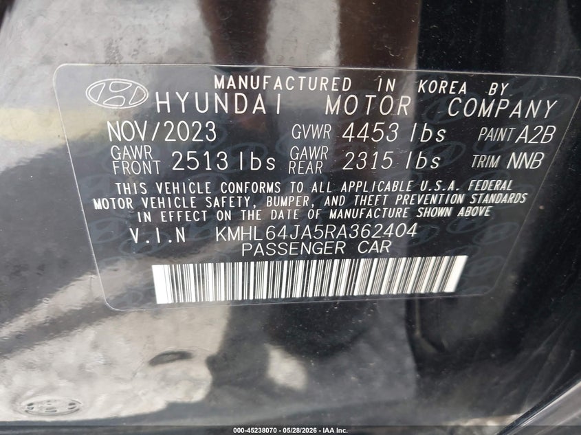 2024 Hyundai Sonata VIN KMHL64JA5RA362404 IAAI salvage auction — FRONT END, Clear (Mississippi), sold $6,000 on 2026-07-22 (photo 9)