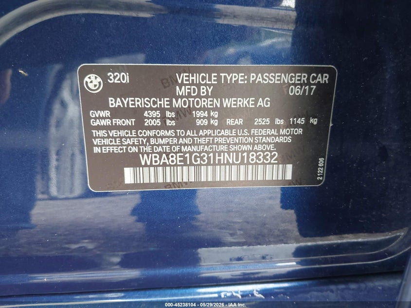 2017 BMW 3er VIN WBA8E1G31HNU18332 IAAI salvage auction — FRONT END, Salvage Title, sold $2,200 on 2026-07-29 (photo 9)