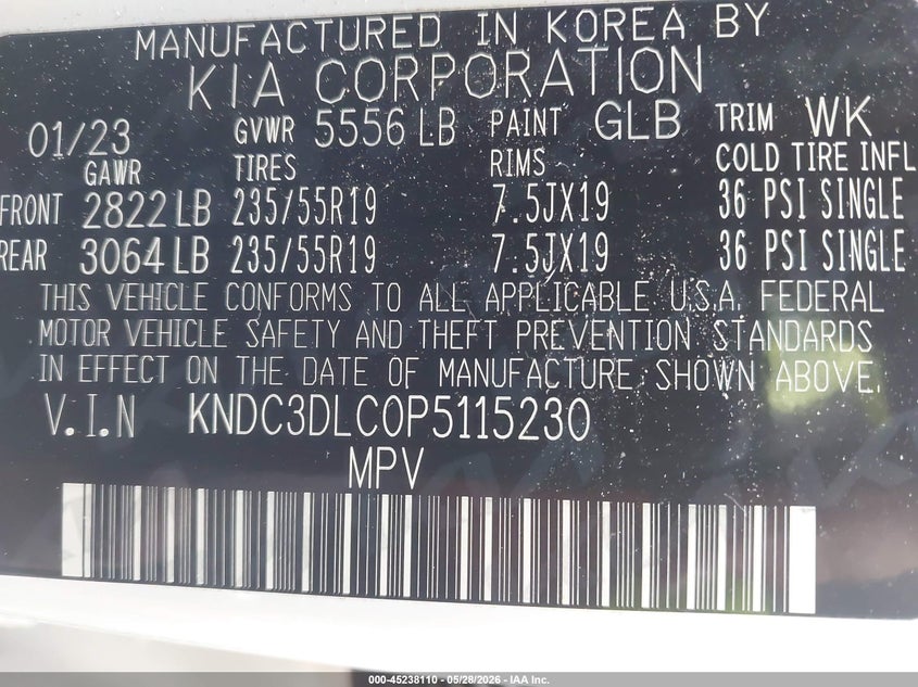 2023 Kia Ev6 VIN KNDC3DLC0P5115230 IAAI salvage auction — FRONT END, Salvage Title, sold $6,900 on 2026-07-19 (photo 9)