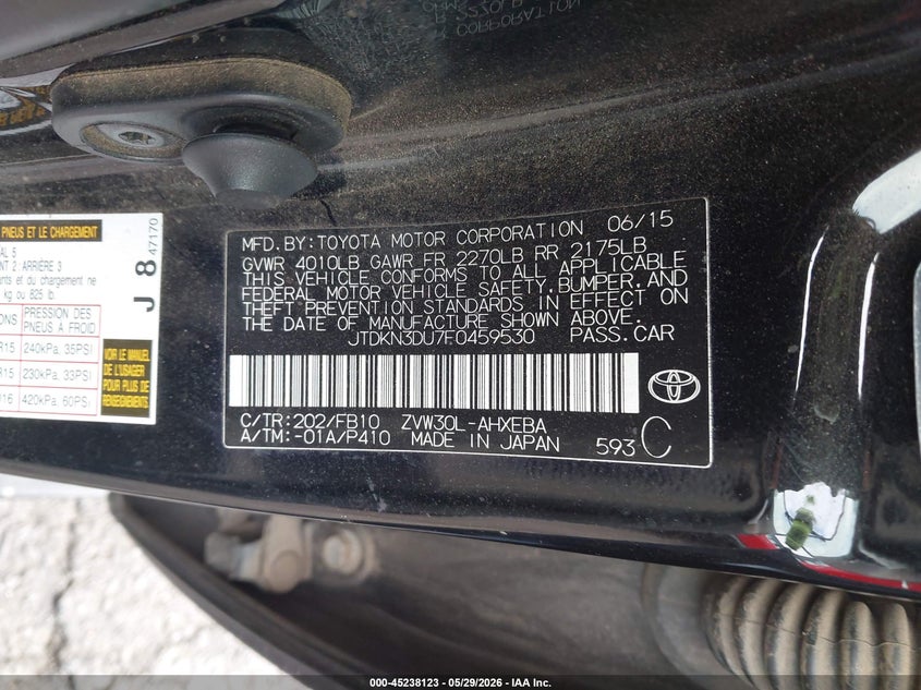 2015 Toyota Prius VIN JTDKN3DU7F0459530 IAAI salvage auction — RIGHT REAR, Salvage Certificate (California), sold $1,800 on 2026-07-24 (photo 9)