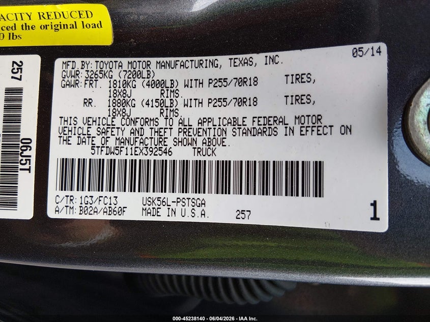 2014 Toyota Tundra VIN 5TFDW5F11EX392546 IAAI salvage auction — FRONT END, Salvage Title, sold $8,700 on 2026-07-17 (photo 9)