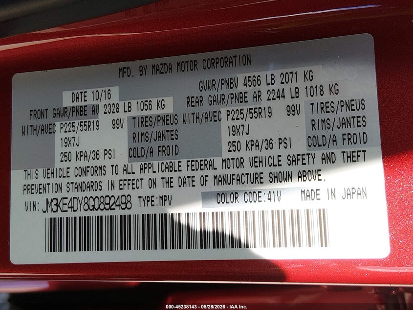 2016 Mazda Cx-5 VIN JM3KE4DY8G0892498 IAAI salvage auction — FRONT END, Salvage Title, sold $2,600 on 2026-07-29 (photo 9)
