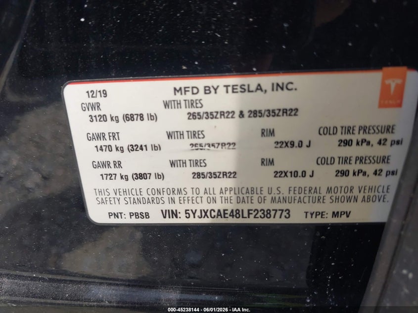 2020 Tesla Model x VIN 5YJXCAE48LF238773 IAAI salvage auction — FRONT END, Salvage Title, sold $14,625 on 2026-07-16 (photo 9)