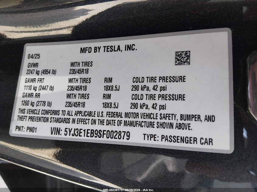 2025 Tesla Model 3 VIN 5YJ3E1EB9SF002879 IAAI salvage auction — FRONT END, Salvage Title, sold $9,050 on 2026-07-15 (photo 9)