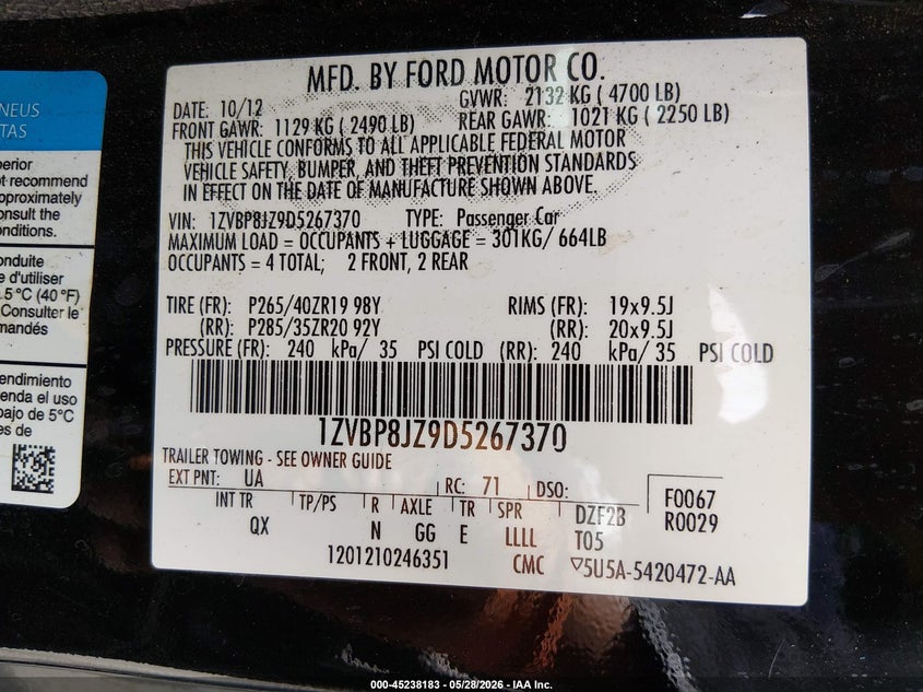 2013 Ford Mustang VIN 1ZVBP8JZ9D5267370 IAAI salvage auction — THEFT, Salvage Title, sold $3,300 on 2026-07-09 (photo 9)