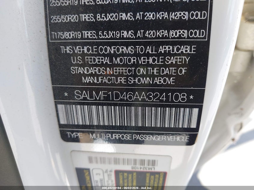 2010 Land rover RANGE ROVER VIN SALMF1D46AA324108 IAAI salvage auction — Burn Engine, Salvage (California), sold $400 on 2026-07-20 (photo 9)