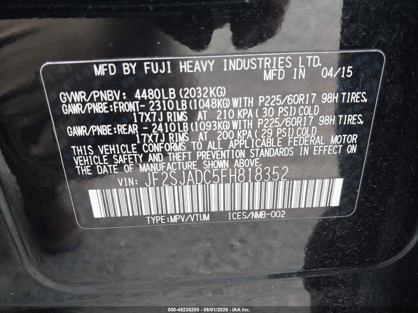 2015 Subaru Forester VIN JF2SJADC5FH818352 IAAI salvage auction — FRONT END, Clear (Virginia), sold $25 on 2026-07-28 (photo 9)