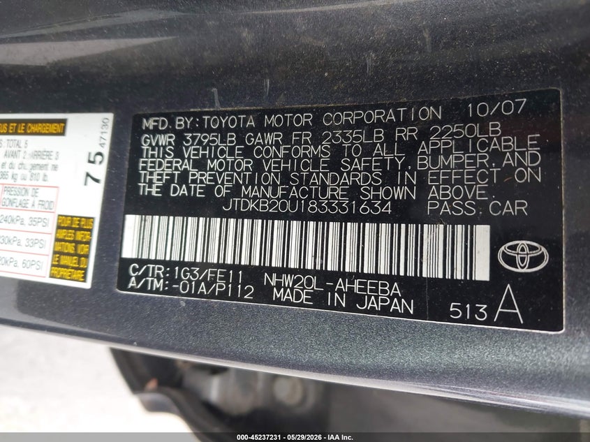 2008 Toyota Prius VIN JTDKB20U183331634 IAAI salvage auction — NORMAL WEAR, Clear - Dealer Only (California), sold $875 on 2026-07-13 (photo 9)