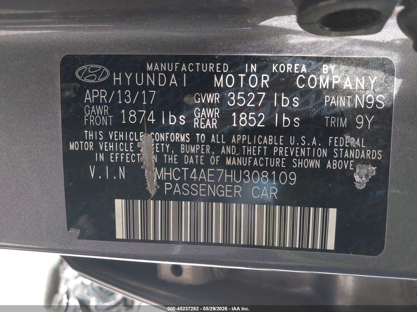2017 Hyundai Accent VIN KMHCT4AE7HU308109 IAAI salvage auction — THEFT, Salvage Title, sold $650 on 2026-07-20 (photo 9)