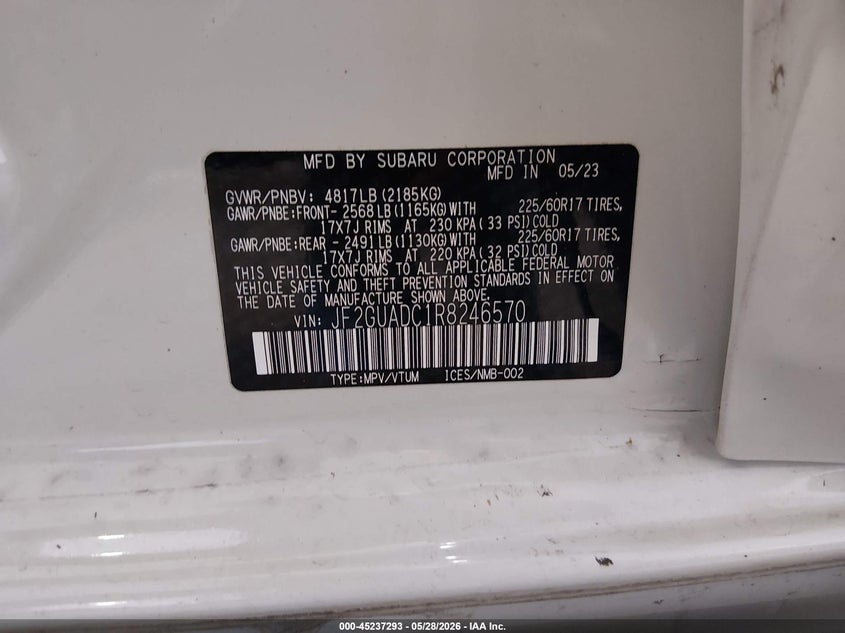 2024 Subaru Xv VIN JF2GUADC1R8246570 IAAI salvage auction — UNKNOWN, Salvage (Minnesota), sold $25 on 2026-07-29 (photo 9)