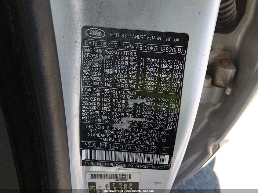 2007 Land rover RANGE ROVER VIN SALME15407A262070 IAAI salvage auction — REAR END, Salvage (New Jersey), sold $575 on 2026-07-20 (photo 9)