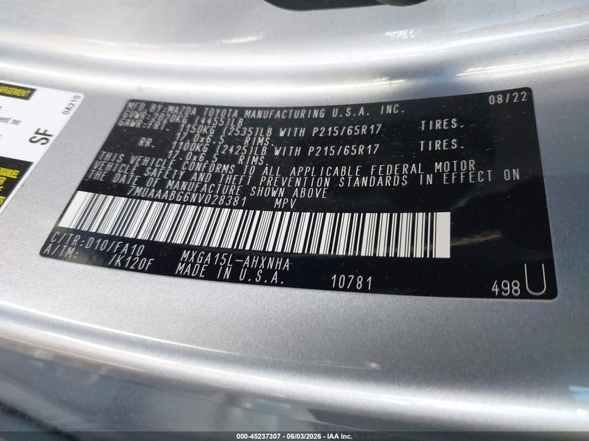 2022 Toyota Corolla cross VIN 7MUAAABG6NV028381 IAAI salvage auction — FRONT END, Salvage Title, sold $5,300 on 2026-07-14 (photo 9)