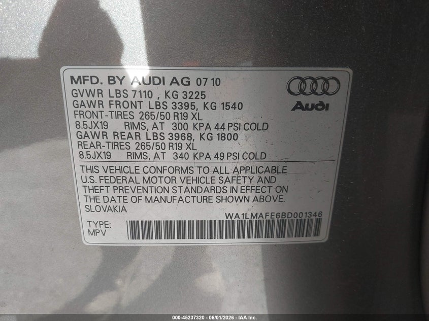 2011 Audi Q7 VIN WA1LMAFE6BD001346 IAAI salvage auction — FRONT END, Salvage - Greater Than 75% (Maryland), sold $25 on 2026-07-29 (photo 9)