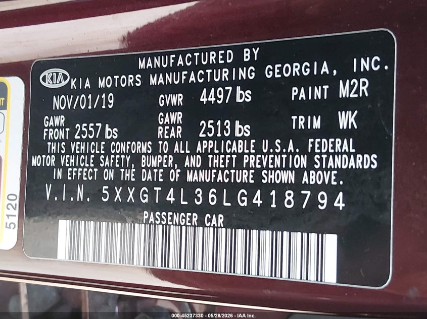 2020 Kia Optima VIN 5XXGT4L36LG418794 IAAI salvage auction — FRONT END, Salvage Title, sold $2,650 on 2026-07-14 (photo 9)