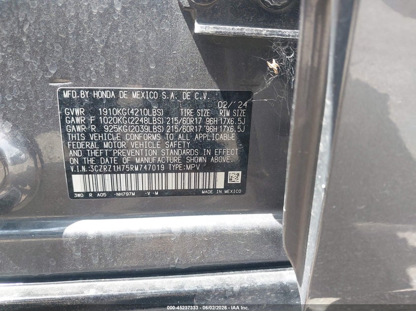 2024 Honda Hr-v VIN 3CZRZ1H75RM747019 IAAI salvage auction — FRONT END, Original (Texas), sold $8,450 on 2026-08-19 (photo 9)