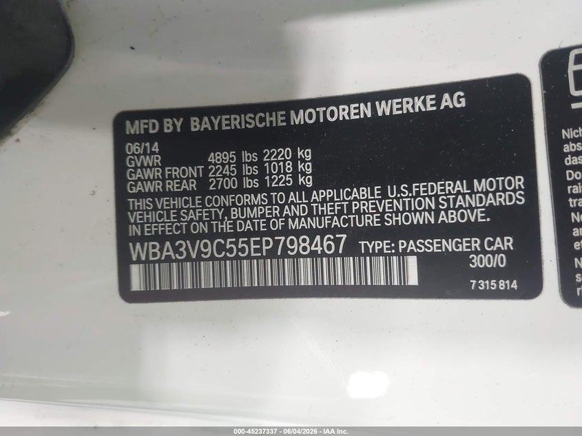 2014 BMW 4er VIN WBA3V9C55EP798467 IAAI salvage auction — FRONT & REAR, Salvage Title, sold $3,100 on 2026-07-17 (photo 9)