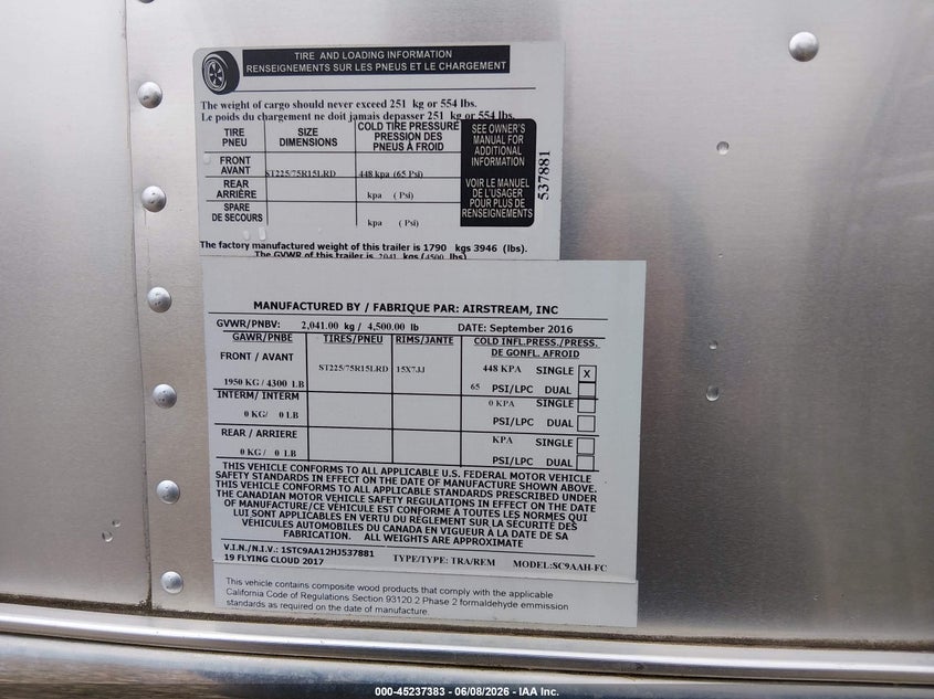 2017 Airstream Other VIN 1STC9AA12HJ537881 IAAI salvage auction — HAIL, Clear (Wisconsin), sold $5,800 on 2026-07-08 (photo 9)