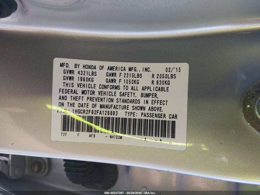 2015 Honda Accord VIN 1HGCR2F82FA126893 IAAI salvage auction — REAR END, Salvage (Illinois), sold $2,200 on 2026-07-11 (photo 9)