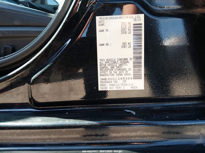 2020 Nissan Altima VIN 1N4BL4EV1LC149344 IAAI salvage auction — LEFT REAR, Salvage Title, sold $2,950 on 2026-07-18 (photo 9)