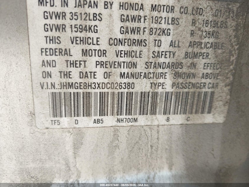 2013 Honda Fit VIN JHMGE8H3XDC026380 IAAI salvage auction — NORMAL WEAR, Salvage Title, sold $1,000 on 2026-07-10 (photo 9)