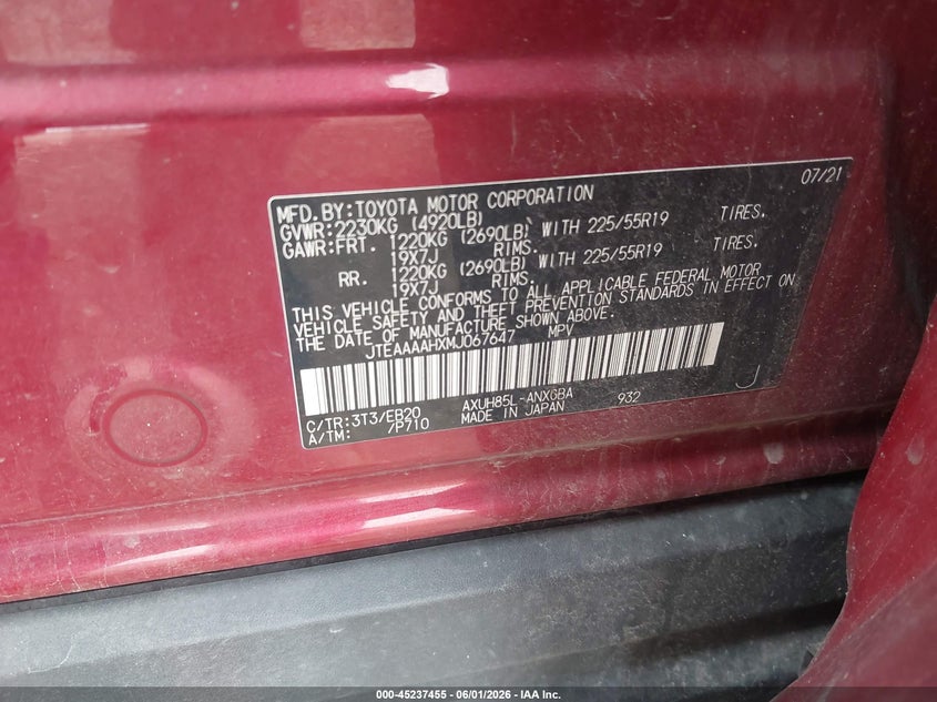 2021 Toyota Venza VIN JTEAAAAHXMJ067647 IAAI salvage auction — RIGHT FRONT, Salvage Title, sold $8,100 on 2026-07-29 (photo 9)