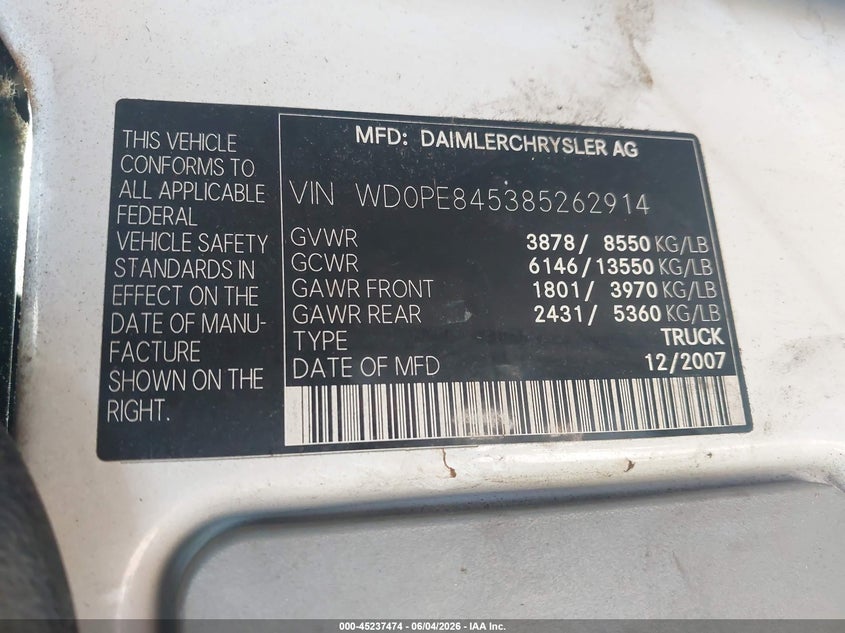 2008 Dodge Sprinter VIN WD0PE845385262914 IAAI salvage auction — FRONT END, Clear (Massachusetts), sold $1,275 on 2026-07-14 (photo 9)