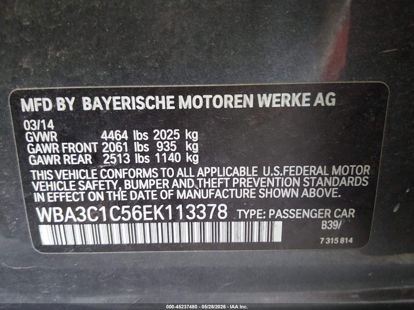 2014 BMW 3er VIN WBA3C1C56EK113378 IAAI salvage auction — FRONT END, Salvage Title, sold $600 on 2026-07-15 (photo 9)