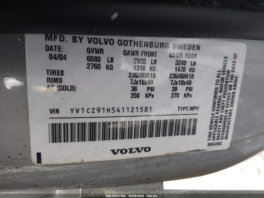 2004 Volvo Xc90 VIN YV1CZ91H541121581 IAAI salvage auction — RIGHT REAR, Repossession Paperwork (Georgia), sold $325 on 2026-08-10 (photo 9)
