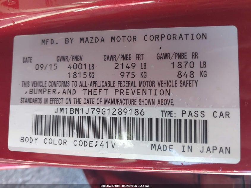 2016 Mazda 3 VIN JM1BM1J79G1289186 IAAI salvage auction — RIGHT REAR, Salvage Title, sold $1,325 on 2026-07-21 (photo 9)