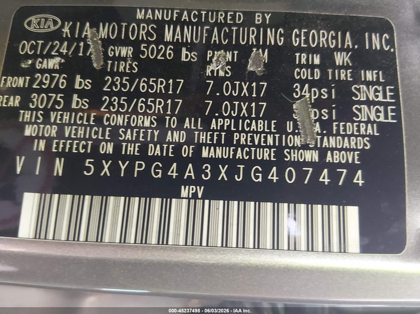 2018 Kia Sorento VIN 5XYPG4A3XJG407474 IAAI salvage auction — FRONT END, Salvage (South Carolina), sold $525 on 2026-07-29 (photo 9)