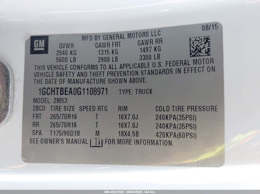 2016 Chevrolet Colorado VIN 1GCHTBEA0G1108971 IAAI salvage auction — FRONT END, Salvage Title, sold $1,700 on 2026-07-09 (photo 9)