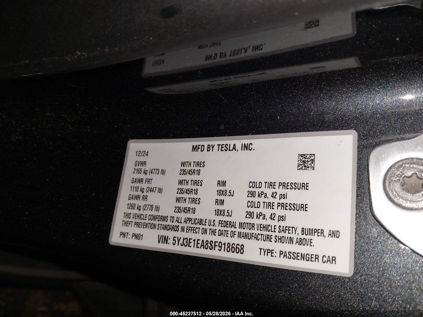 2025 Tesla Model 3 VIN 5YJ3E1EA8SF918668 IAAI salvage auction — SIDE, Salvage (Oregon), sold $9,900 on 2026-07-30 (photo 9)