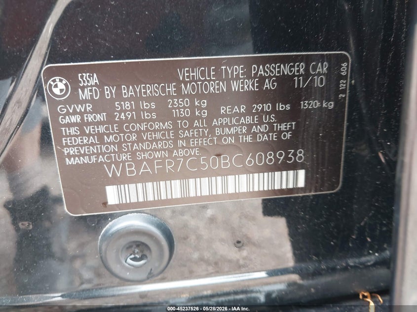 2011 BMW 5 series VIN WBAFR7C50BC608938 IAAI salvage auction — LEFT FRONT, Salvage (Alabama), sold $1,725 on 2026-07-08 (photo 9)