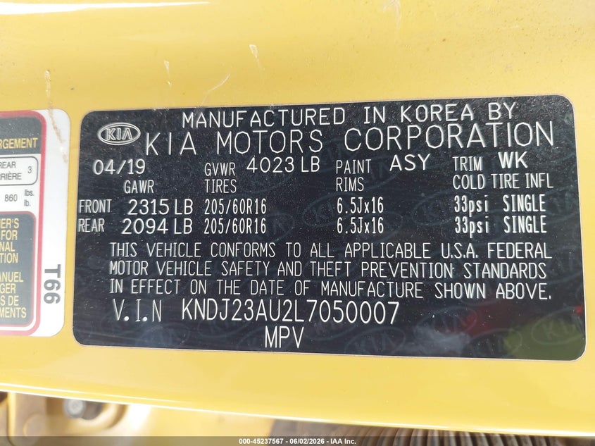 2020 Kia Soul VIN KNDJ23AU2L7050007 IAAI salvage auction — FRONT END, Salvage Title, sold $2,000 on 2026-07-13 (photo 9)