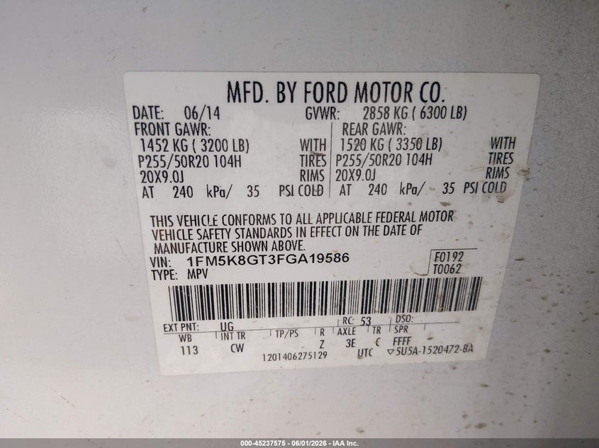2015 Ford Explorer VIN 1FM5K8GT3FGA19586 IAAI salvage auction — HAIL, Salvage Title, sold $1,150 on 2026-07-27 (photo 9)
