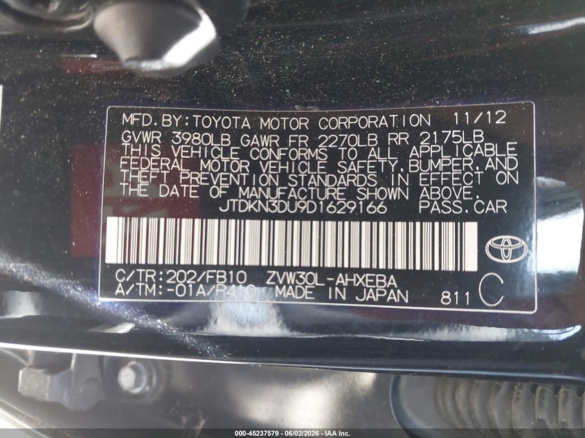 2013 Toyota Prius VIN JTDKN3DU9D1629166 IAAI salvage auction — NORMAL WEAR, Clear (Virginia), sold $1,800 on 2026-07-09 (photo 9)