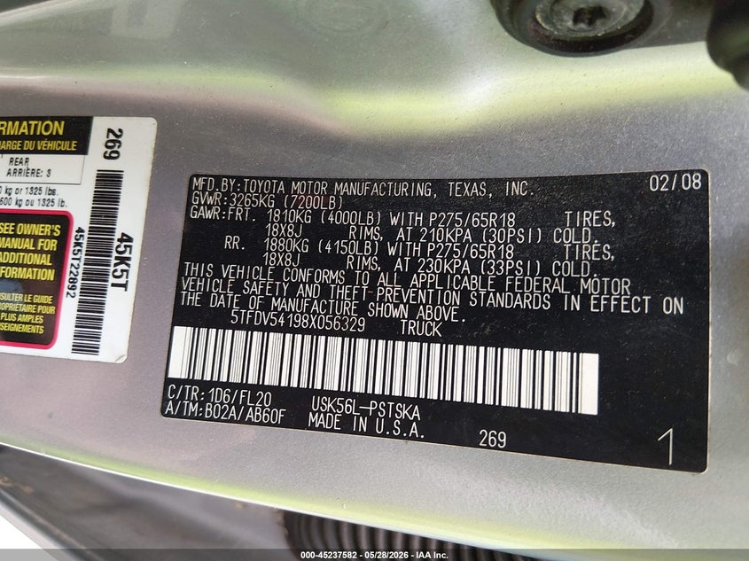 2008 Toyota Tundra VIN 5TFDV54198X056329 IAAI salvage auction — FRONT END, Clear (Tennessee), sold $4,550 on 2026-07-08 (photo 9)