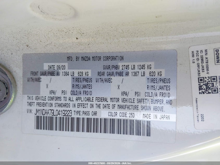 2020 Mazda Mx-5 VIN JM1NDAA79L0419223 IAAI salvage auction — FRONT END, Salvage Title, sold $4,750 on 2026-07-16 (photo 9)