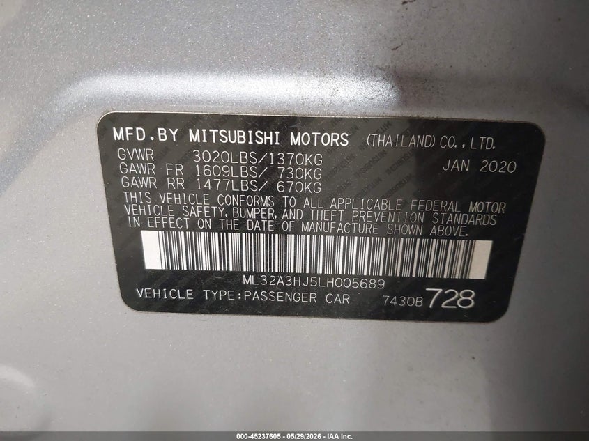 2020 Mitsubishi Mirage VIN ML32A3HJ5LH005689 IAAI salvage auction — FRONT END, Salvage Title, sold $1,475 on 2026-07-09 (photo 9)