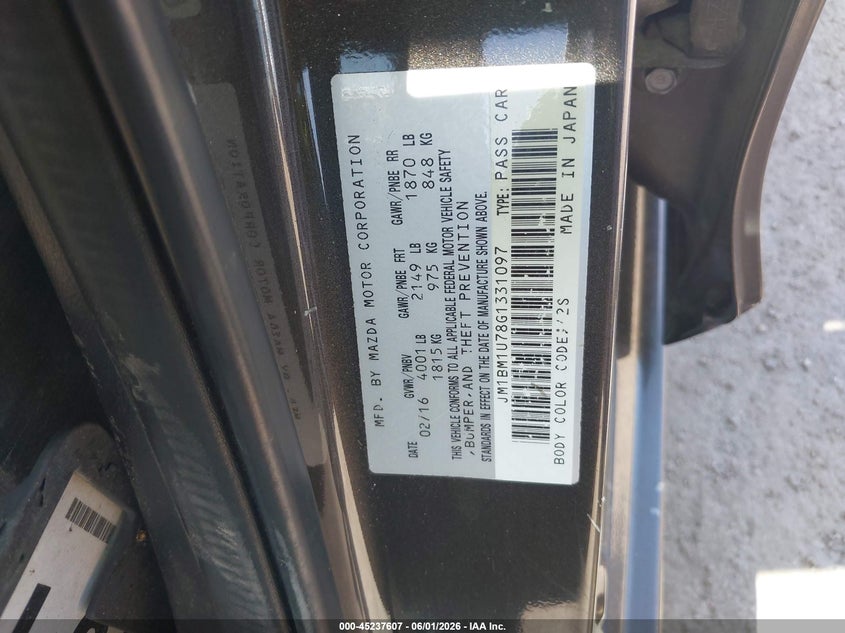 2016 Mazda 3 VIN JM1BM1U78G1331097 IAAI salvage auction — HAIL, Salvage Title, sold $1,100 on 2026-07-29 (photo 9)